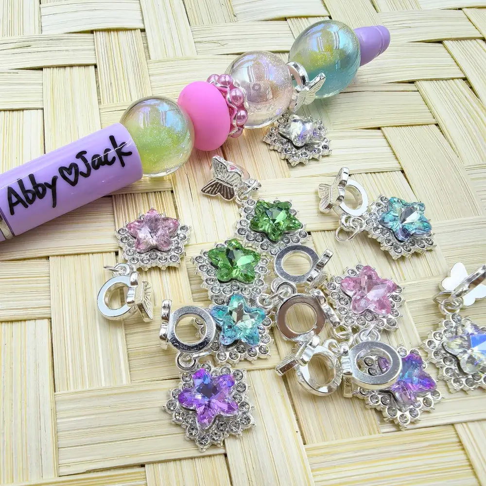 Five-Pointed Star Rhinestone Dangle Charm Pendant Butterfly Silver Metal Bail Beads - Random Mix