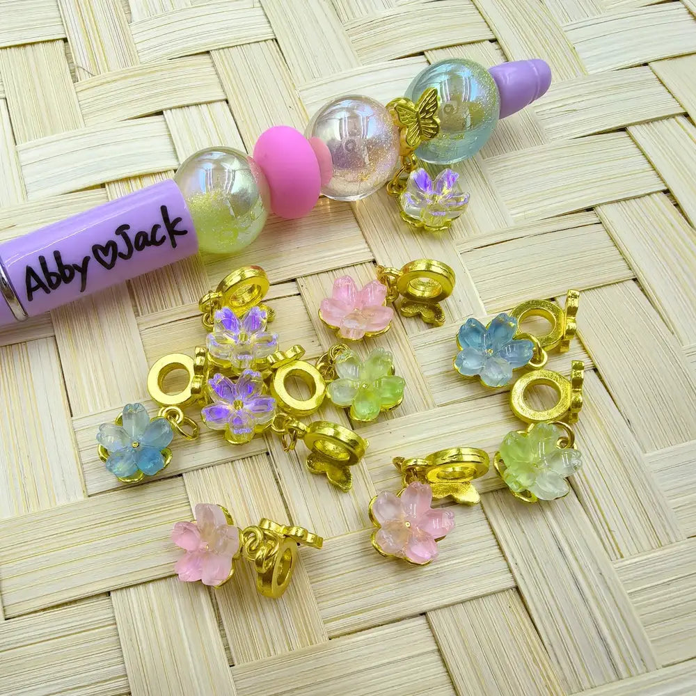 Flower Dangle Charm Pendant Butterfly Golden Metal Bail Beads - Random Mix