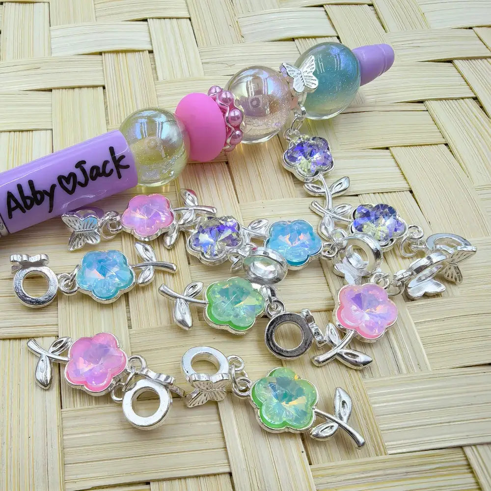 Flower Rhinestone Dangle Charm Pendant Butterfly Silver Metal Bail Beads - Random Mix