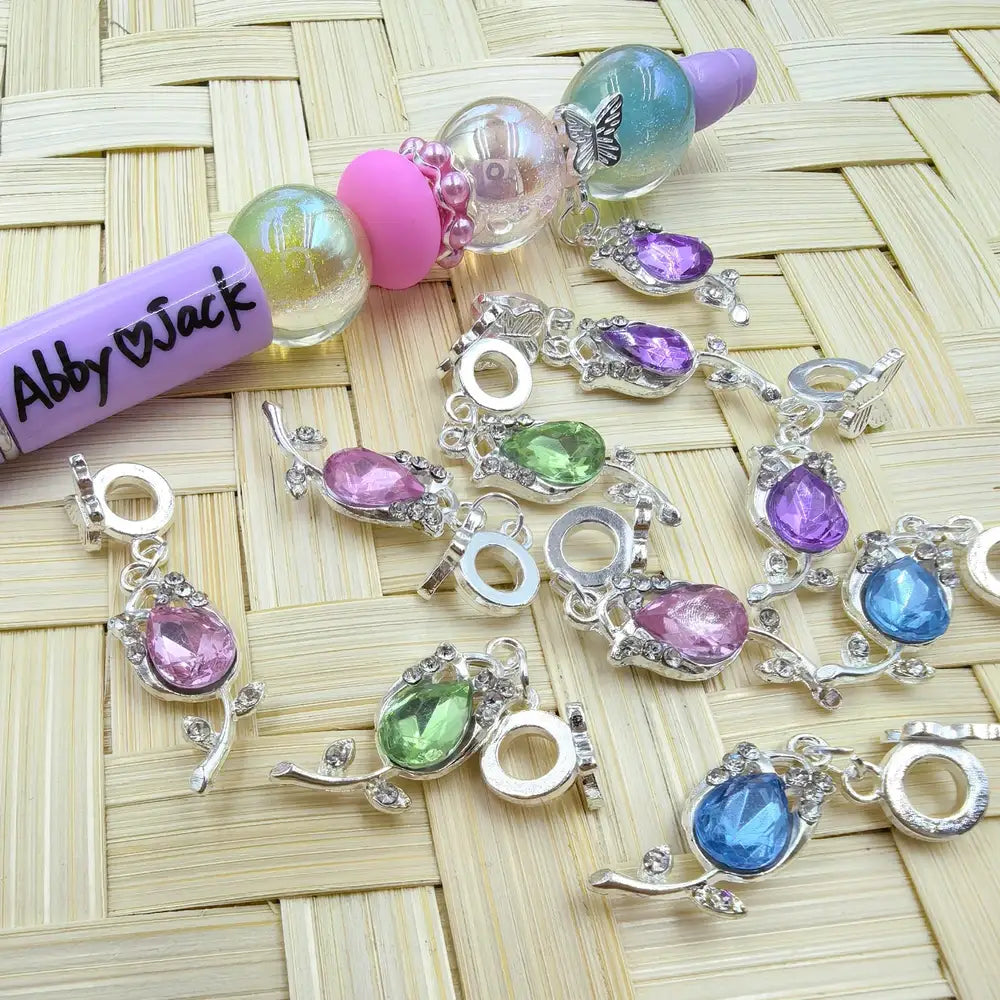 Flower Rhinestone Dangle Charm Pendant Butterfly Silver Metal Bail Beads - Random Mix