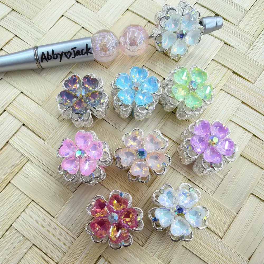 Flower with Heart Rhinestones Silver Metal Beads