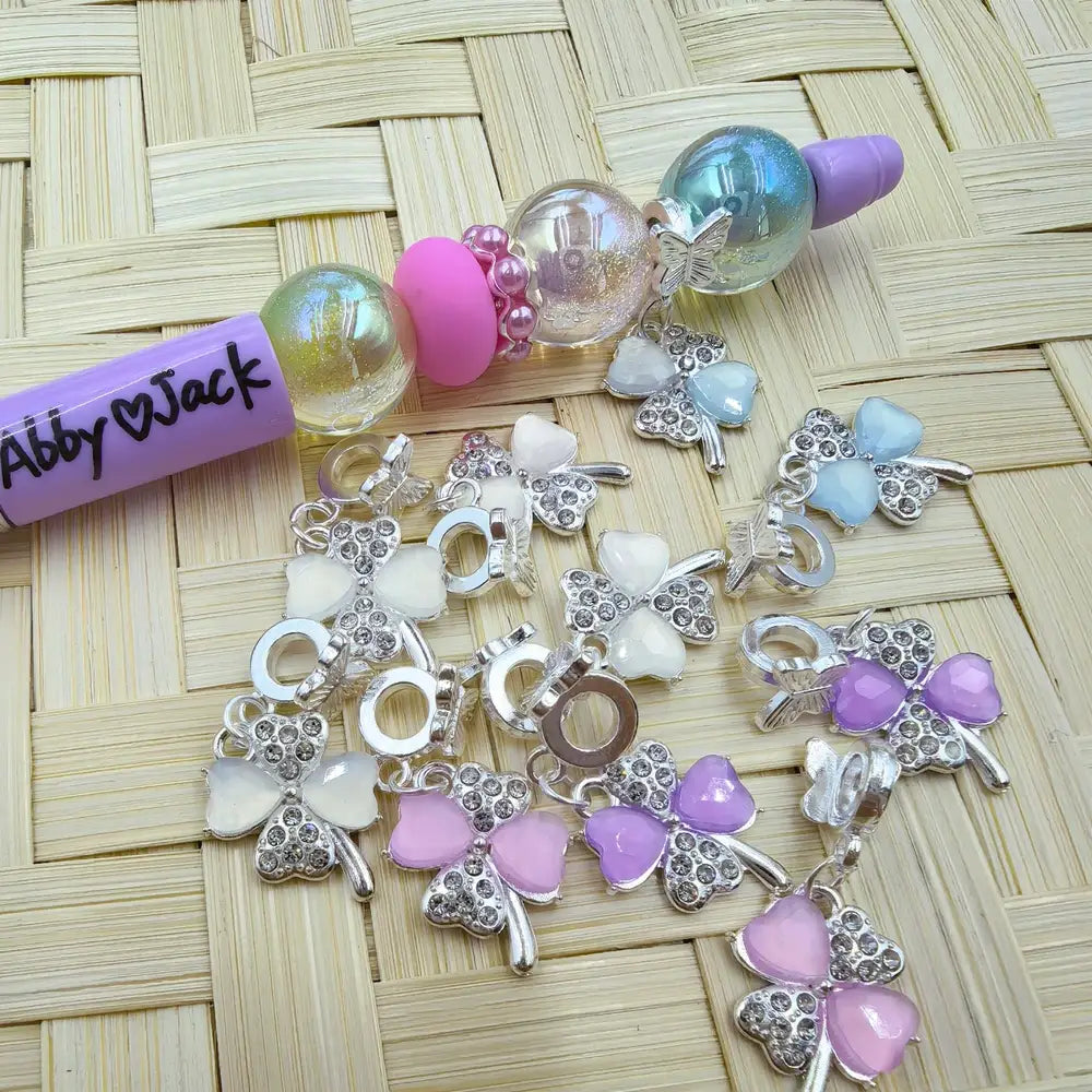 Four-Leaf Clover Rhinestone Dangle Charm Pendant Butterfly Silver Metal Bail Beads - Random Mix