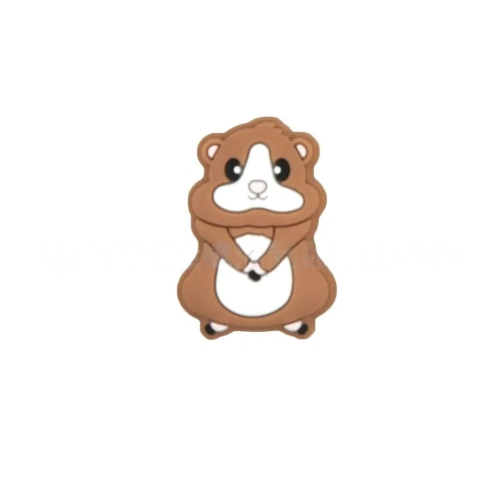 Four cute cartoon hamster silicone focal beads in yellow, gray, brown, and dark brown colorways, shown from front view on white background. - Camel