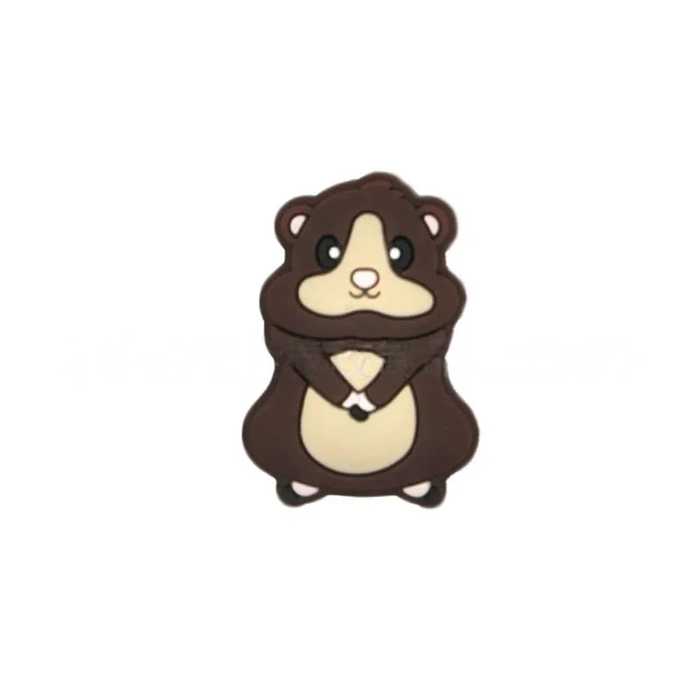 Four cute cartoon hamster silicone focal beads in yellow, gray, brown, and dark brown colorways, shown from front view on white background. - Coffee