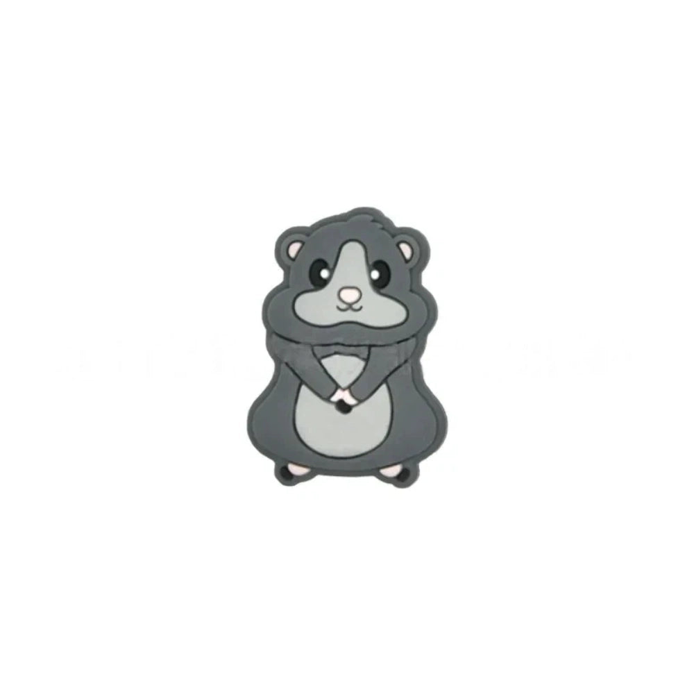 Four cute cartoon hamster silicone focal beads in yellow, gray, brown, and dark brown colorways, shown from front view on white background. - Dark Gray