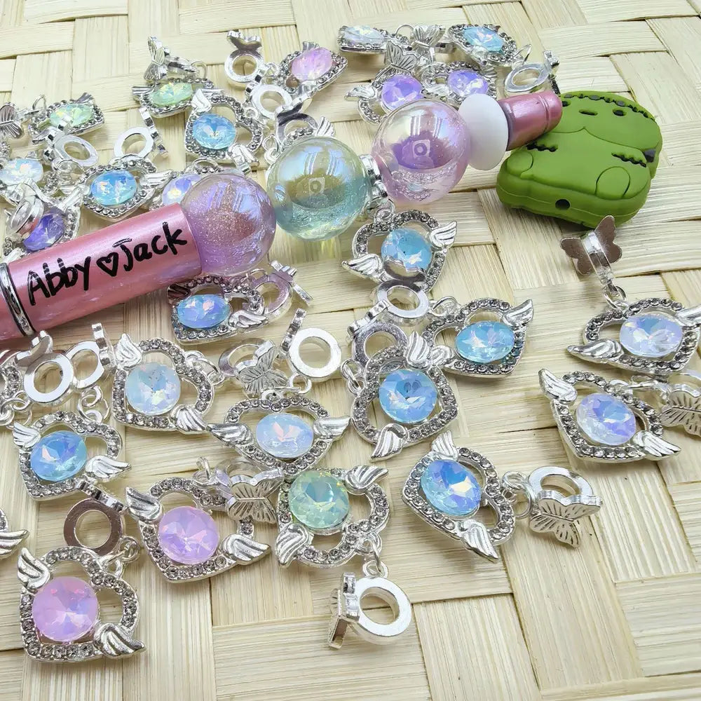 Heart with Rhinestone Wings Dangle Charm Pendant Butterfly Silver Metal Bail Beads