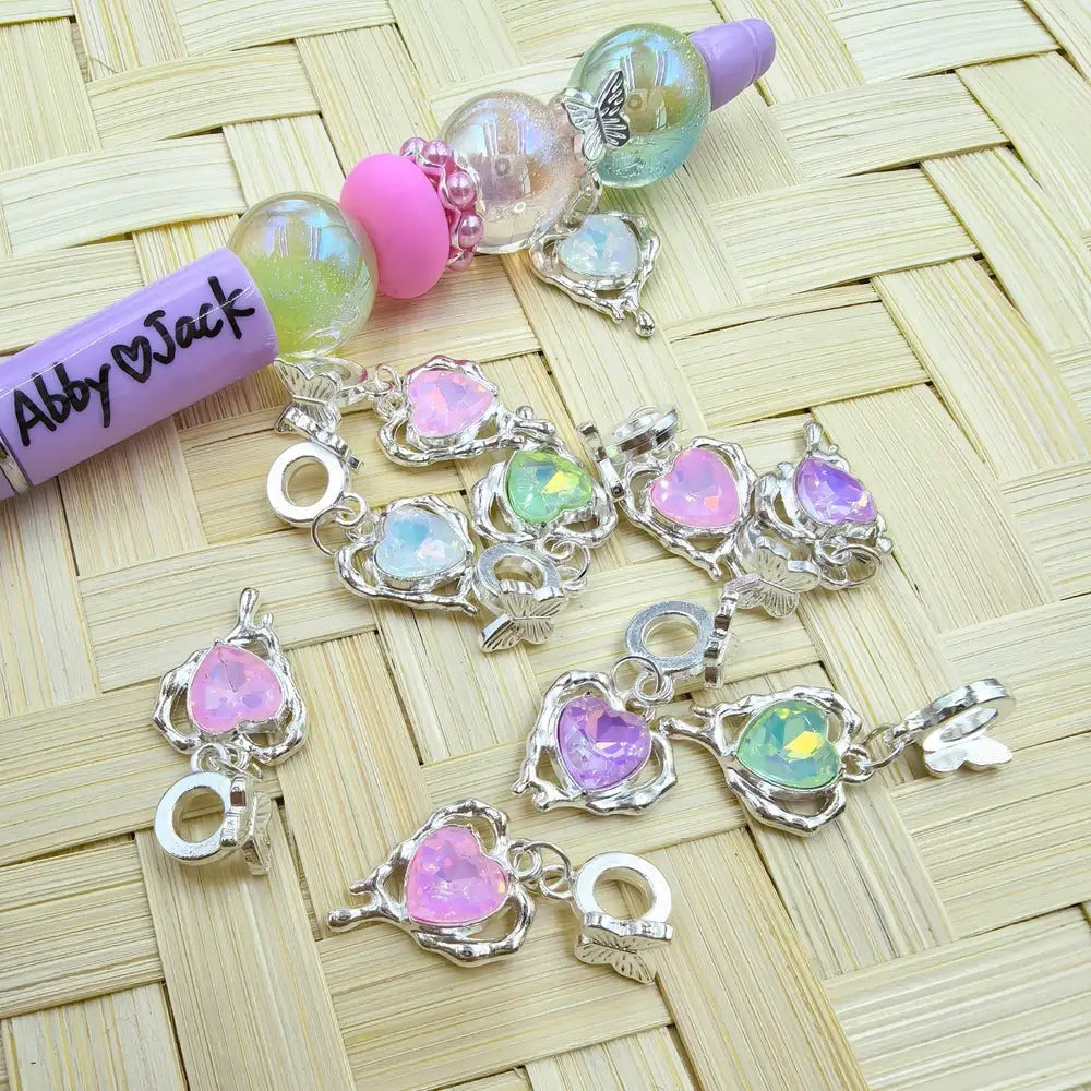 Heart Rhinestones Dangle Charm Pendant Butterfly Silver Metal Bail Beads - Random Mix