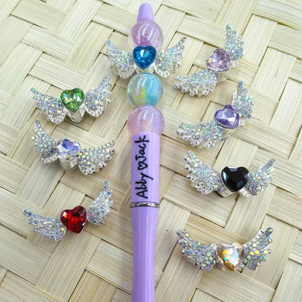 Heart Rhinestones with Wings Silver Metal Beads