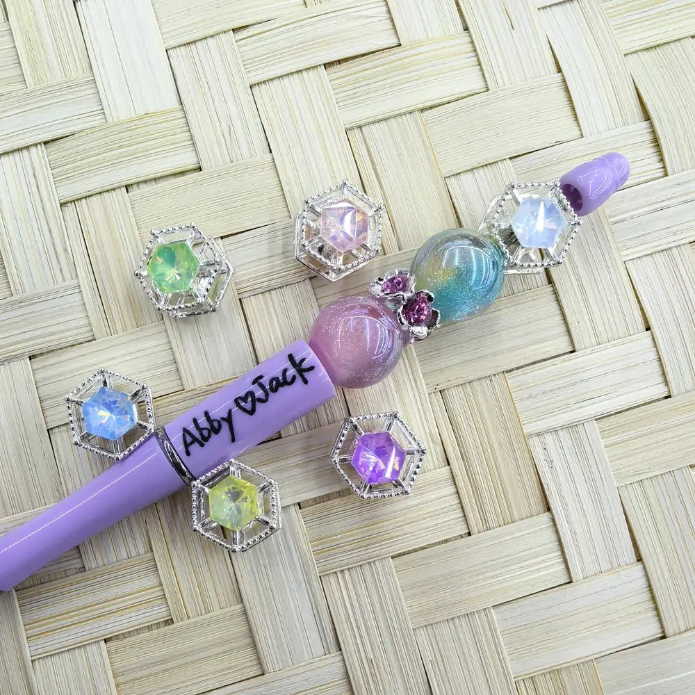 Hexagonal with Rhinestone Silver Metal Beads