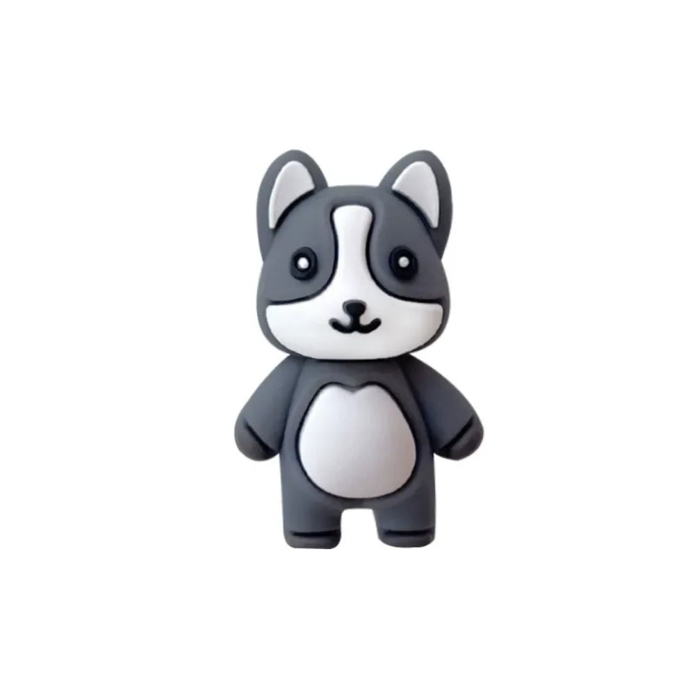 Four 3D husky dog silicone focal beads in gray, brown, black and white colorways displayed on decorative beadable pens with matching silicone round beads against a beige background. - 1