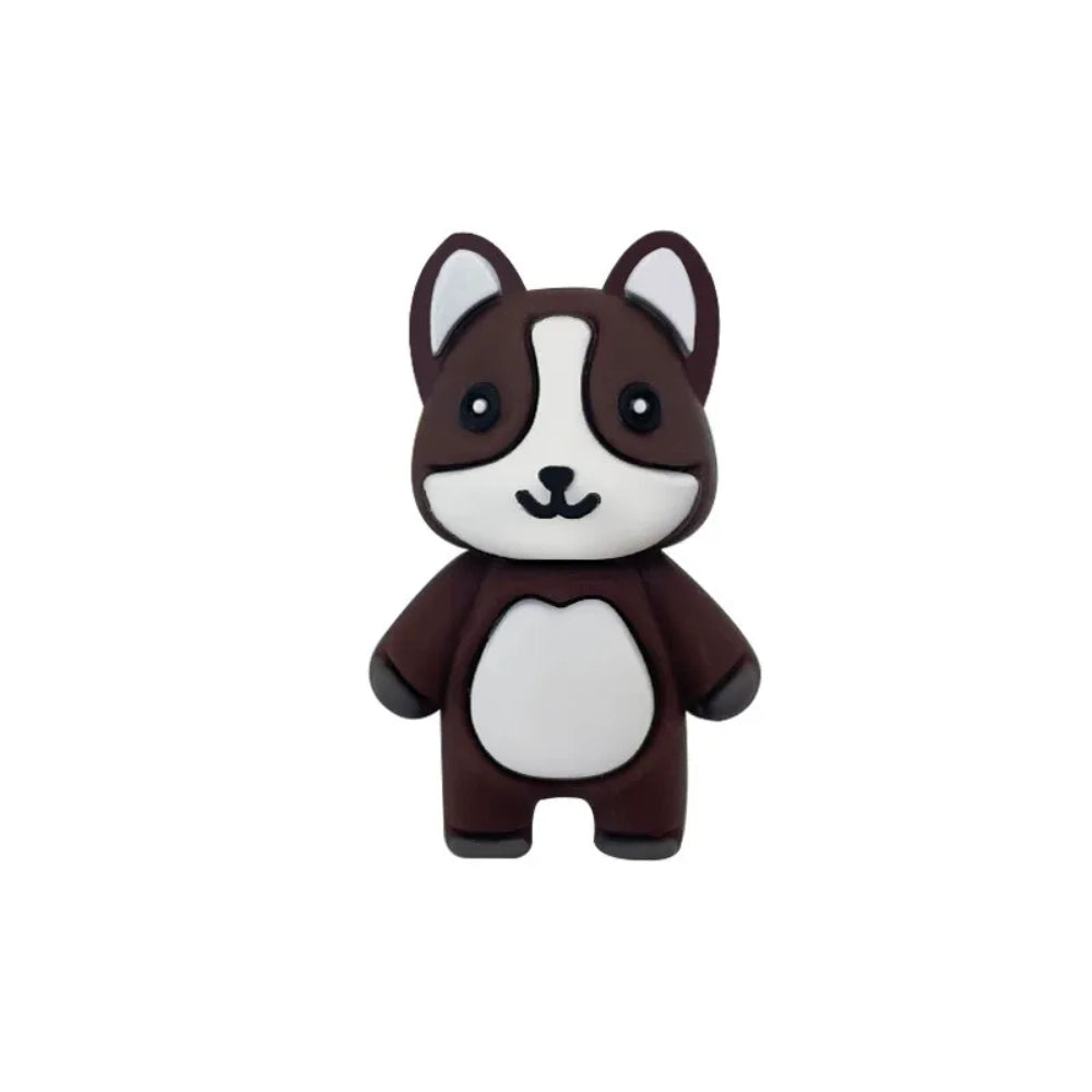 Four 3D husky dog silicone focal beads in gray, brown, black and white colorways displayed on decorative beadable pens with matching silicone round beads against a beige background. - 2