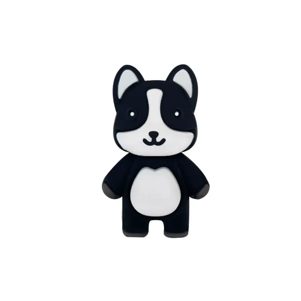 Four 3D husky dog silicone focal beads in gray, brown, black and white colorways displayed on decorative beadable pens with matching silicone round beads against a beige background. - 4