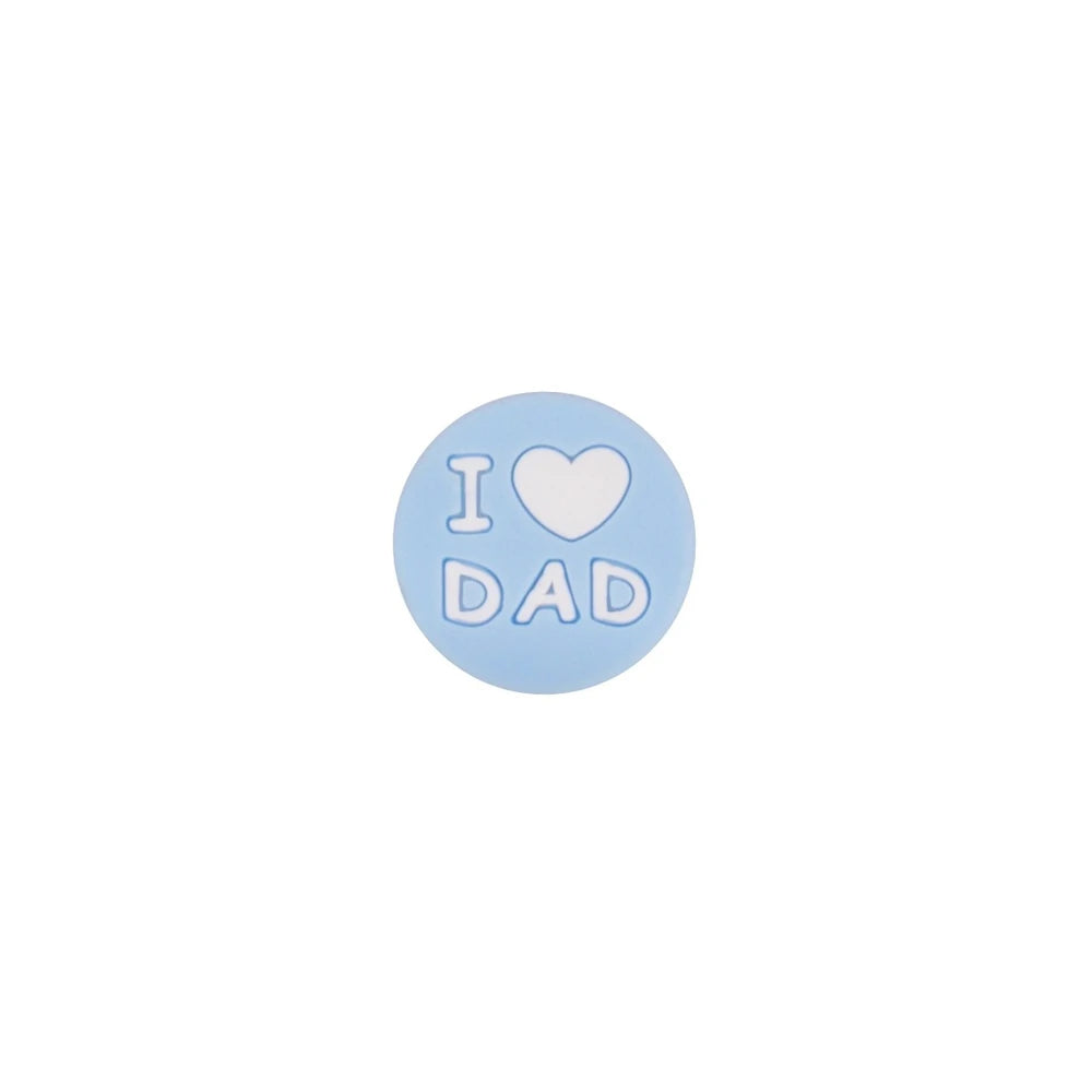 Assorted colorful round silicone focal beads printed with I Love Dad and white heart design, shown in multiple colors including blue, pink, purple, gray, teal, and peach. - Light Blue