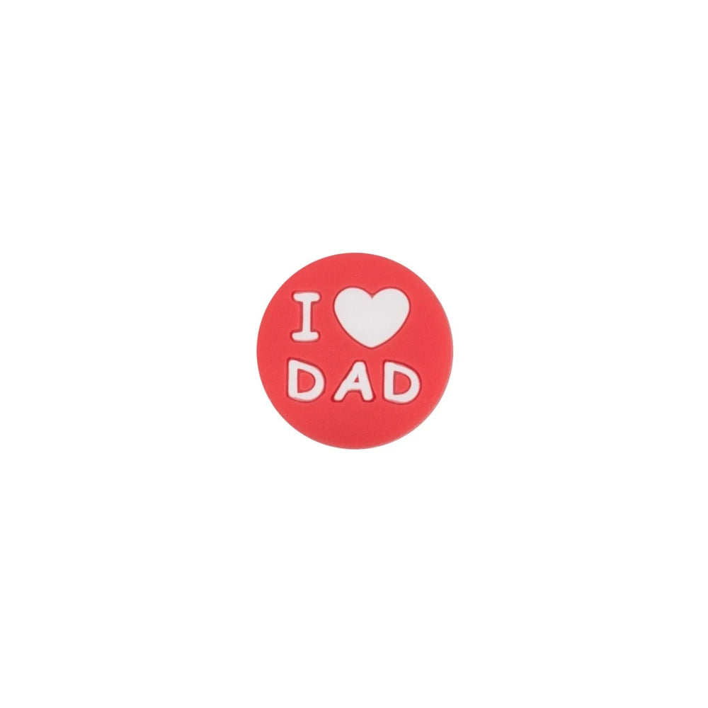 Assorted colorful round silicone focal beads printed with I Love Dad and white heart design, shown in multiple colors including blue, pink, purple, gray, teal, and peach. - Red