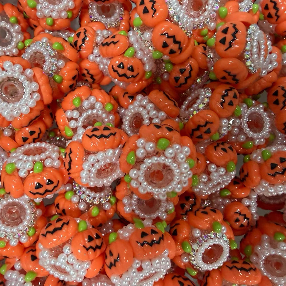 Orange Halloween rhinestone pumpkin fancy beads with pearl trim and green stems for DIY pens and bracelets