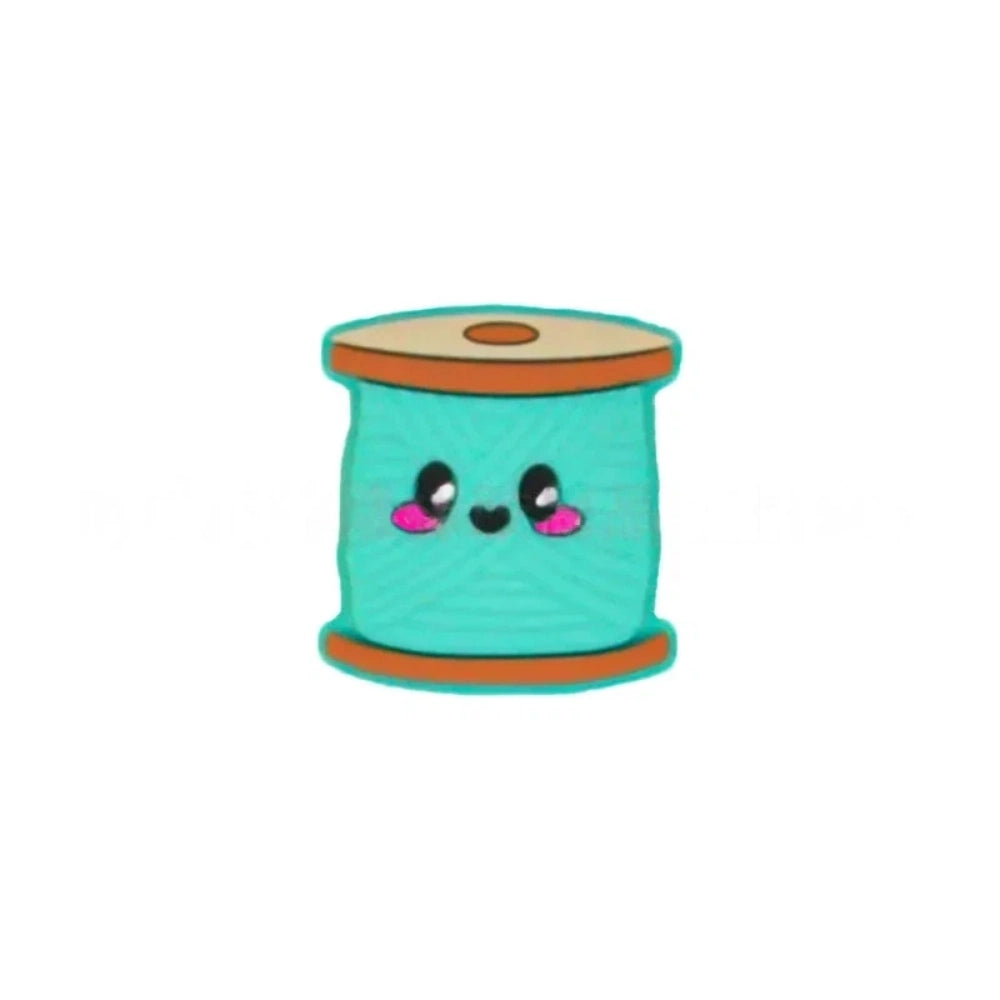 Set of 6 kawaii smiley face thread spool silicone focal beads in teal, mint, gray, purple, pink, and white for DIY crafts and beadable pens. - Green-1