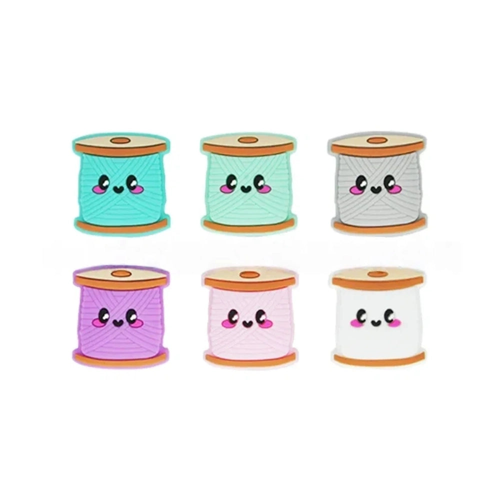 Set of 6 kawaii smiley face thread spool silicone focal beads in teal, mint, gray, purple, pink, and white for DIY crafts and beadable pens. - Random Mixed