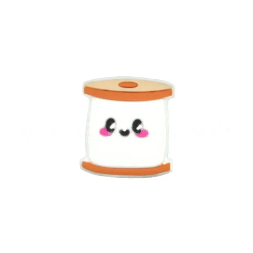 Set of 6 kawaii smiley face thread spool silicone focal beads in teal, mint, gray, purple, pink, and white for DIY crafts and beadable pens. - White
