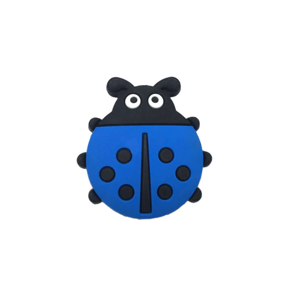 Eight colorful ladybug silicone focal beads in yellow, blue, white, mint, red, cream, gray, and teal with black spots and cartoon faces, used for beadable pens, keychains, and badge reels. - Dark Blue