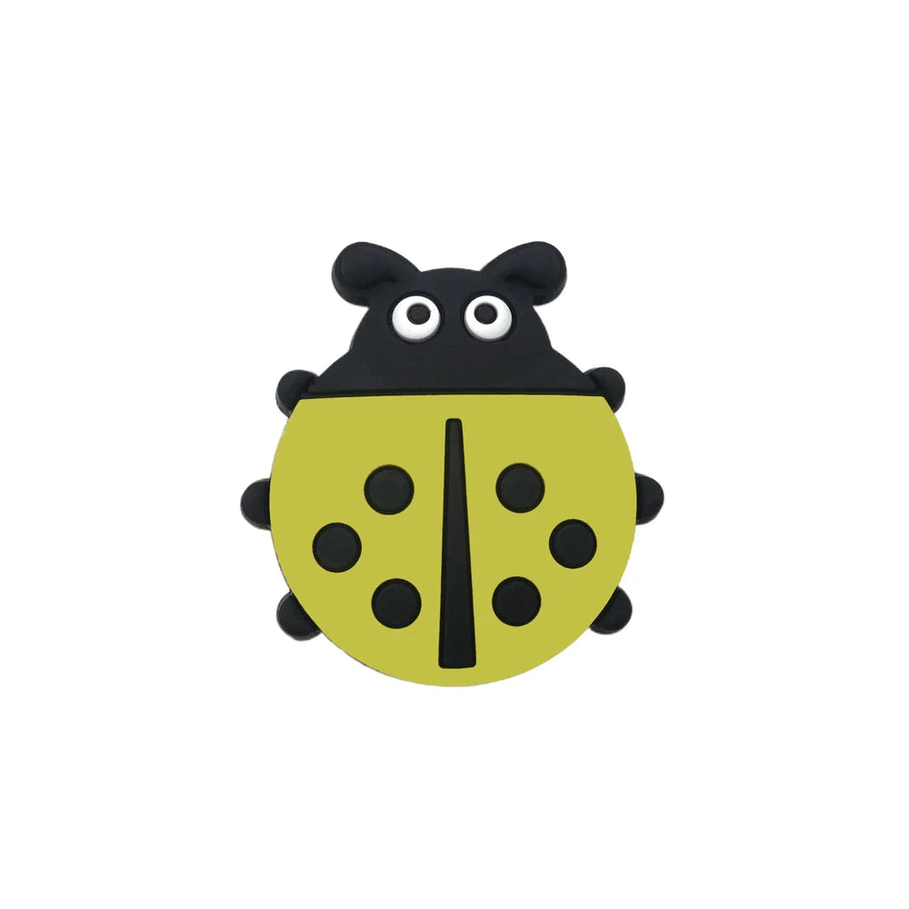 Eight colorful ladybug silicone focal beads in yellow, blue, white, mint, red, cream, gray, and teal with black spots and cartoon faces, used for beadable pens, keychains, and badge reels. - Green