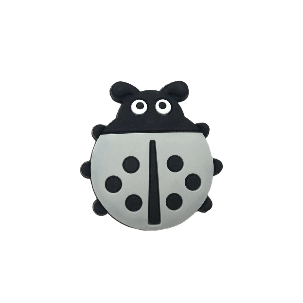 Eight colorful ladybug silicone focal beads in yellow, blue, white, mint, red, cream, gray, and teal with black spots and cartoon faces, used for beadable pens, keychains, and badge reels. - Light Gray