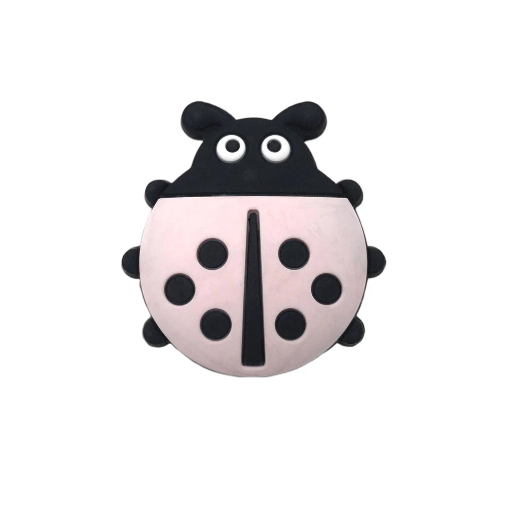 Eight colorful ladybug silicone focal beads in yellow, blue, white, mint, red, cream, gray, and teal with black spots and cartoon faces, used for beadable pens, keychains, and badge reels. - Light Pink