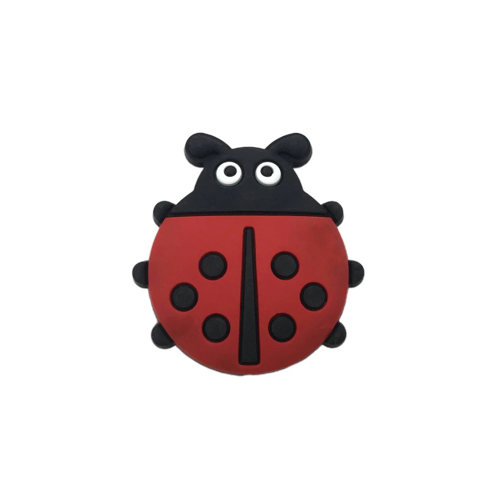 Eight colorful ladybug silicone focal beads in yellow, blue, white, mint, red, cream, gray, and teal with black spots and cartoon faces, used for beadable pens, keychains, and badge reels. - Red