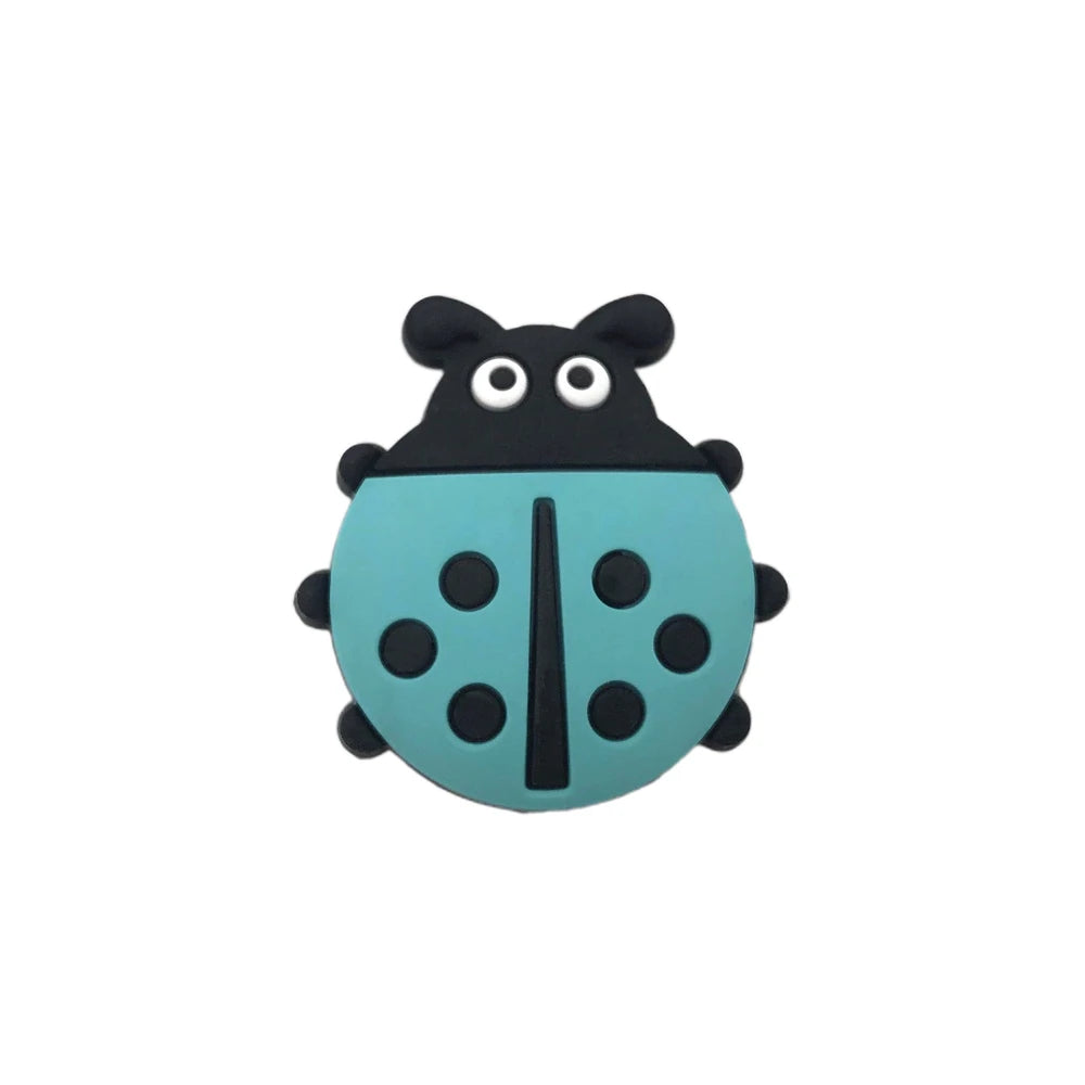 Eight colorful ladybug silicone focal beads in yellow, blue, white, mint, red, cream, gray, and teal with black spots and cartoon faces, used for beadable pens, keychains, and badge reels. - Turquoise