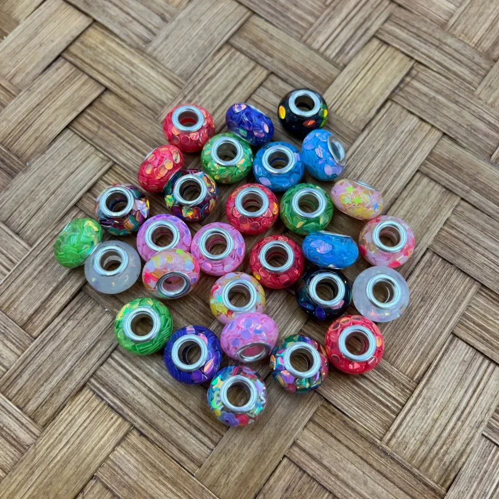 Assorted large hole mixed mosaic acrylic spacer beads in bright colors with silver-tone centers