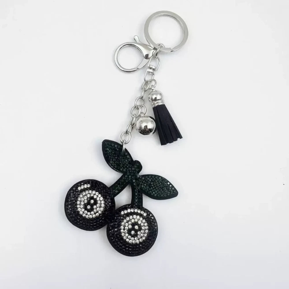 Rhinestone cherry fancy bead charms with tassels in black, red, and pink on silver keychain hardware - Black