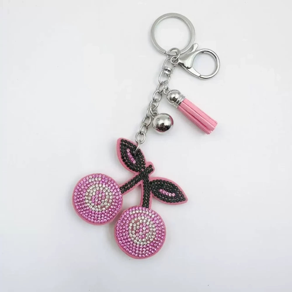 Rhinestone cherry fancy bead charms with tassels in black, red, and pink on silver keychain hardware - Pink