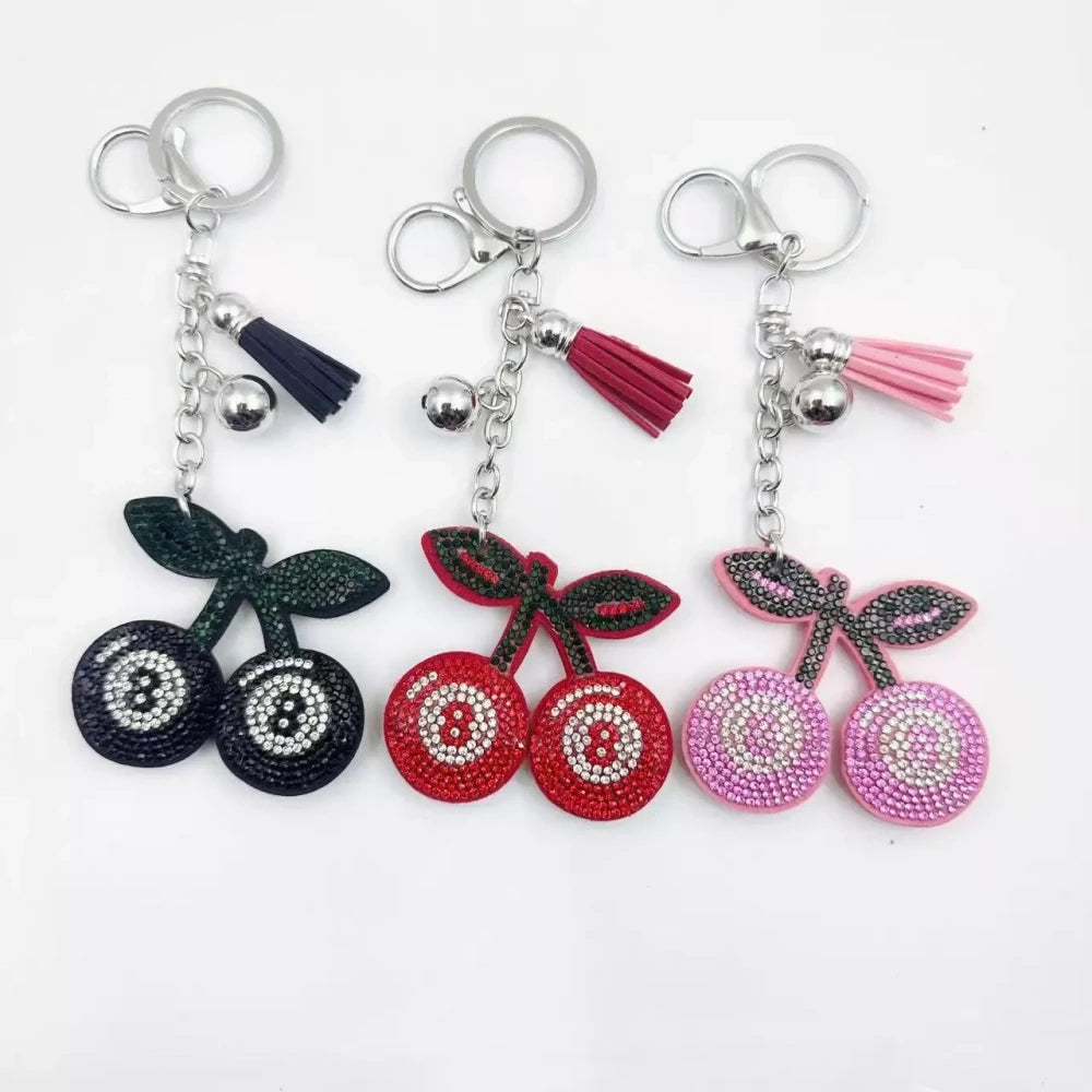 Rhinestone cherry fancy bead charms with tassels in black, red, and pink on silver keychain hardware - Random Mixed
