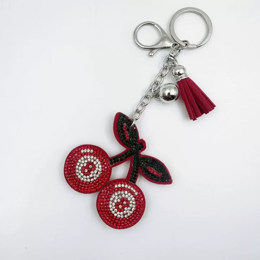 Rhinestone cherry fancy bead charms with tassels in black, red, and pink on silver keychain hardware - Red