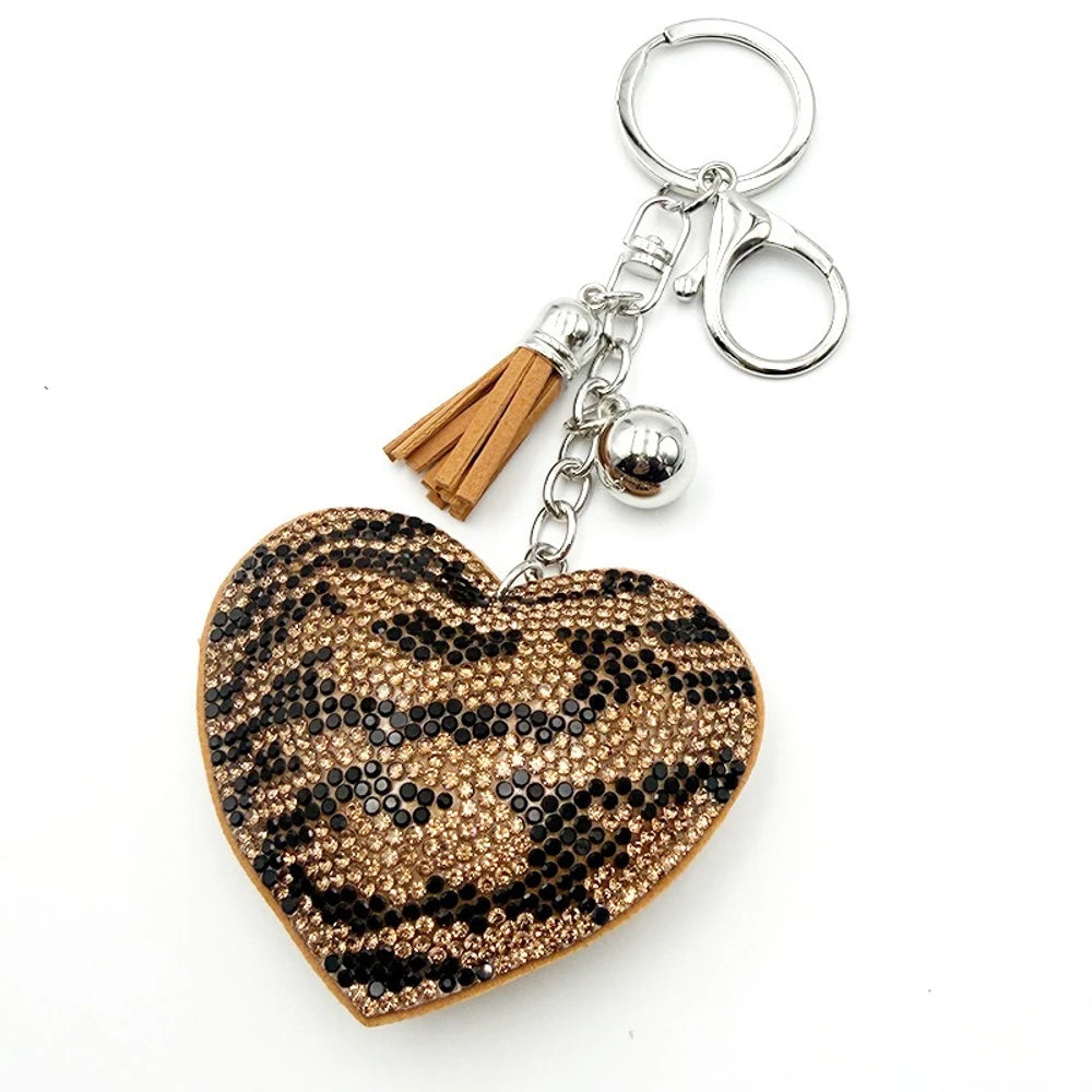 Leopard Print Heart Rhinestone Keychain for DIY
