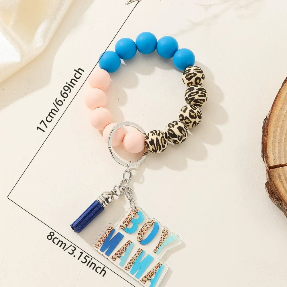 Colorful leopard print and solid silicone beaded bracelet keychains with Girl Mama and Boy Mama acrylic charms in pink and blue color schemes - 5