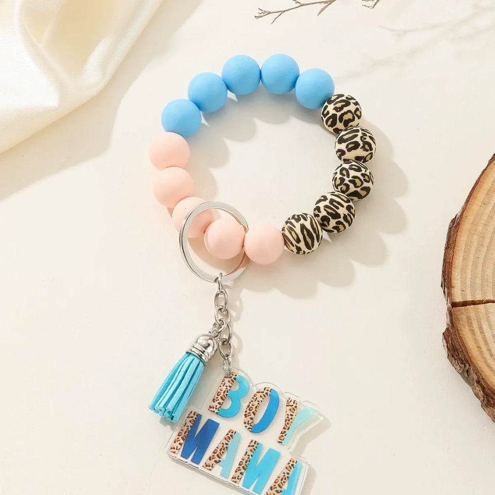 Colorful leopard print and solid silicone beaded bracelet keychains with Girl Mama and Boy Mama acrylic charms in pink and blue color schemes - 6