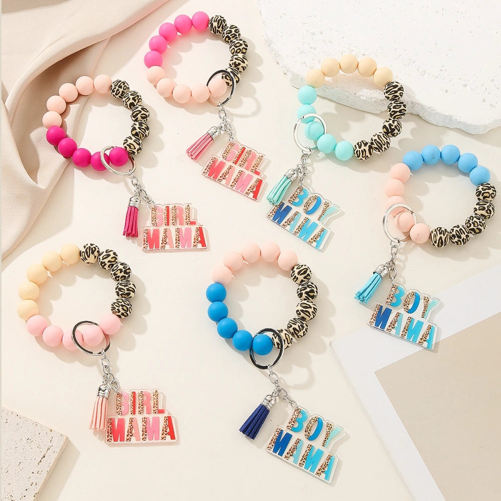Colorful leopard print and solid silicone beaded bracelet keychains with Girl Mama and Boy Mama acrylic charms in pink and blue color schemes - Random Mixed