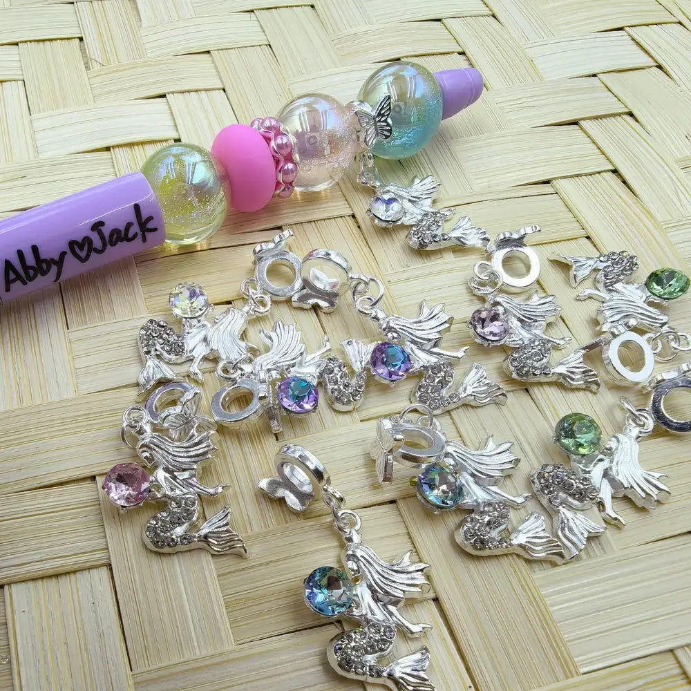 Mermaid with Rhinestone Dangle Charm Pendant Butterfly Silver Metal Bail Beads - Random Mix