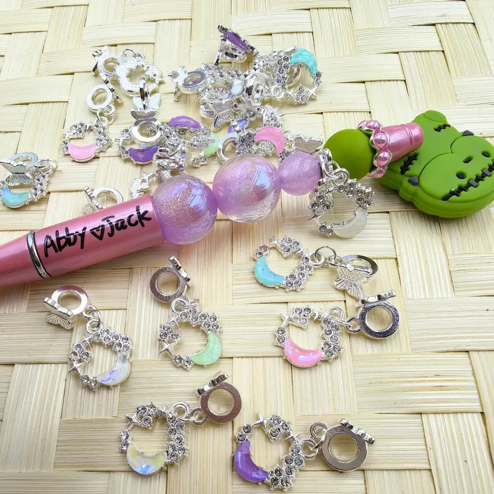 Moon Rhinestone Dangle Charm Pendant Butterfly Silver Metal Bail Beads