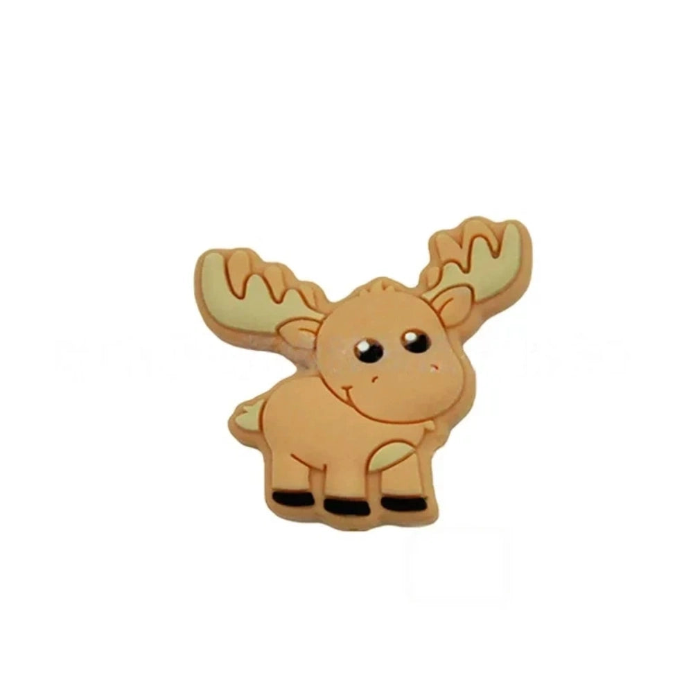 Assorted pastel and earth tone moose silicone focal beads strung on a cord and displayed in a white dish on a teal background, ideal for beadable pens, keychains, and badge reels. - 1