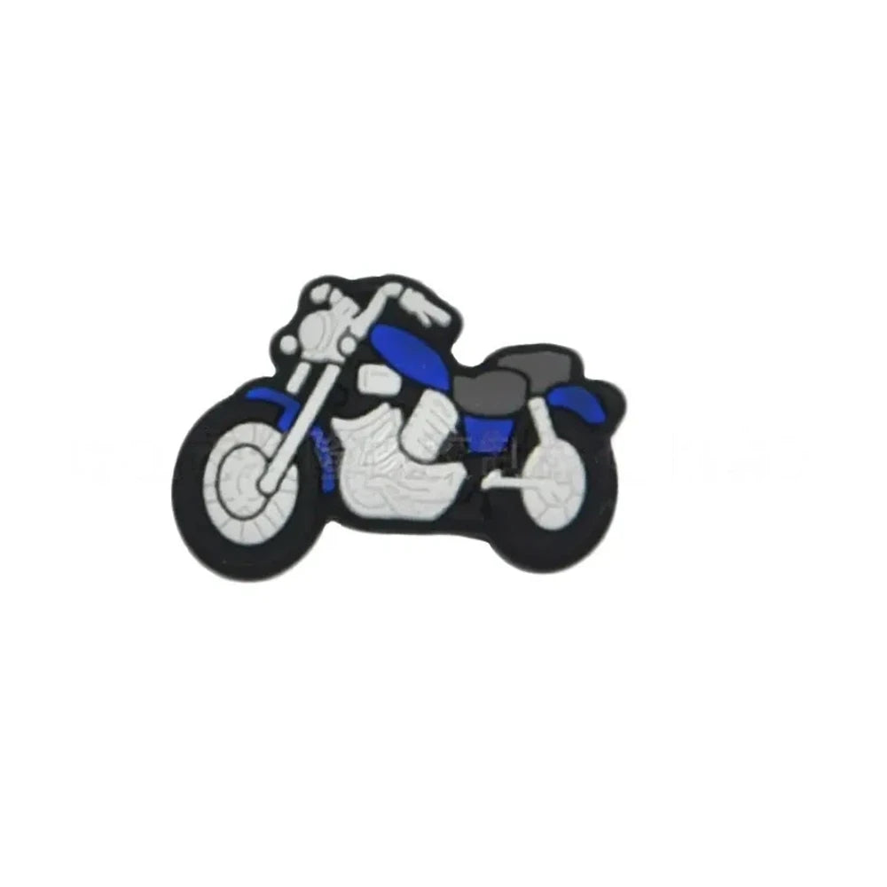 Assorted color motorcycle silicone focal beads in red, blue, yellow, green, and white displayed in a white dish on a blue background, for DIY beadable pens and keychains. - Dark Blue