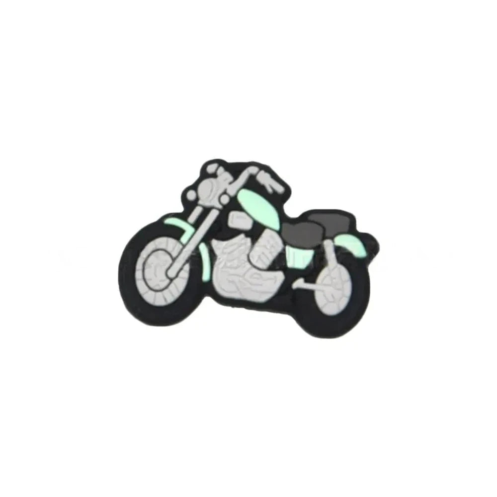 Assorted color motorcycle silicone focal beads in red, blue, yellow, green, and white displayed in a white dish on a blue background, for DIY beadable pens and keychains. - Mint Green