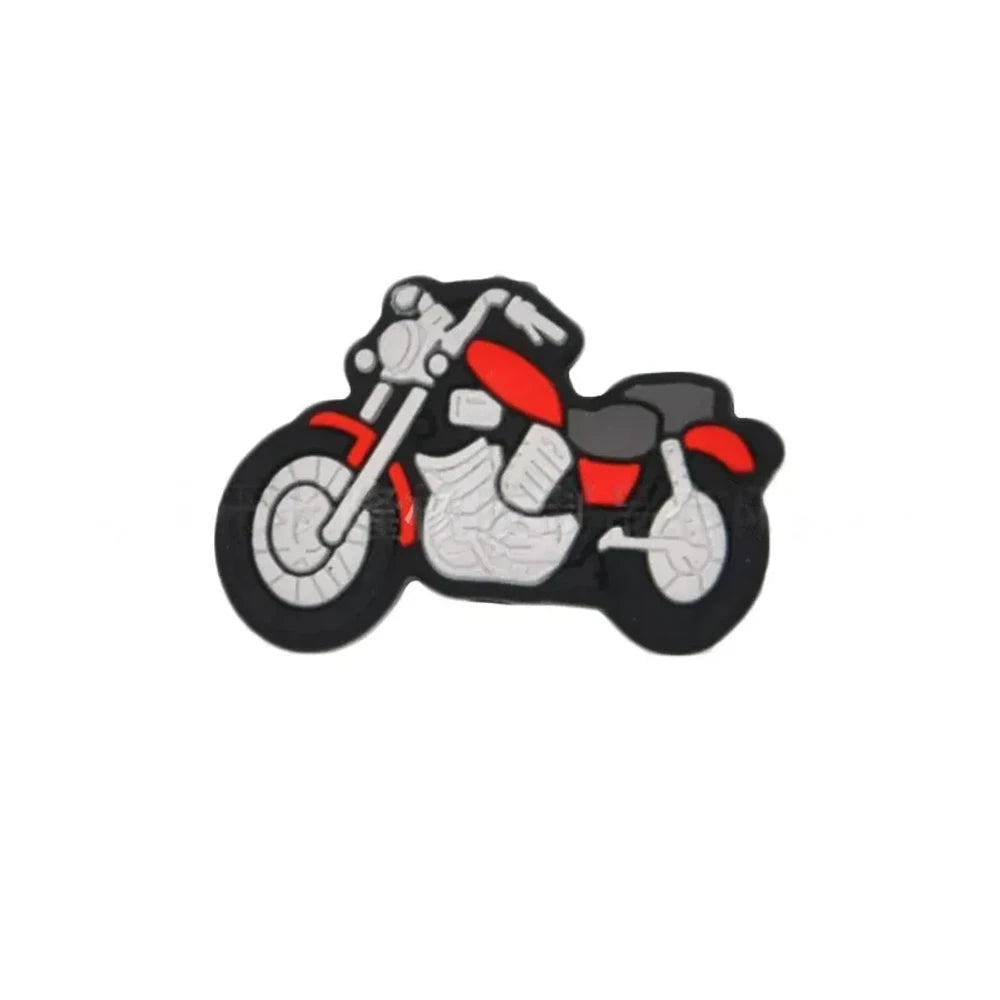 Assorted color motorcycle silicone focal beads in red, blue, yellow, green, and white displayed in a white dish on a blue background, for DIY beadable pens and keychains. - Red