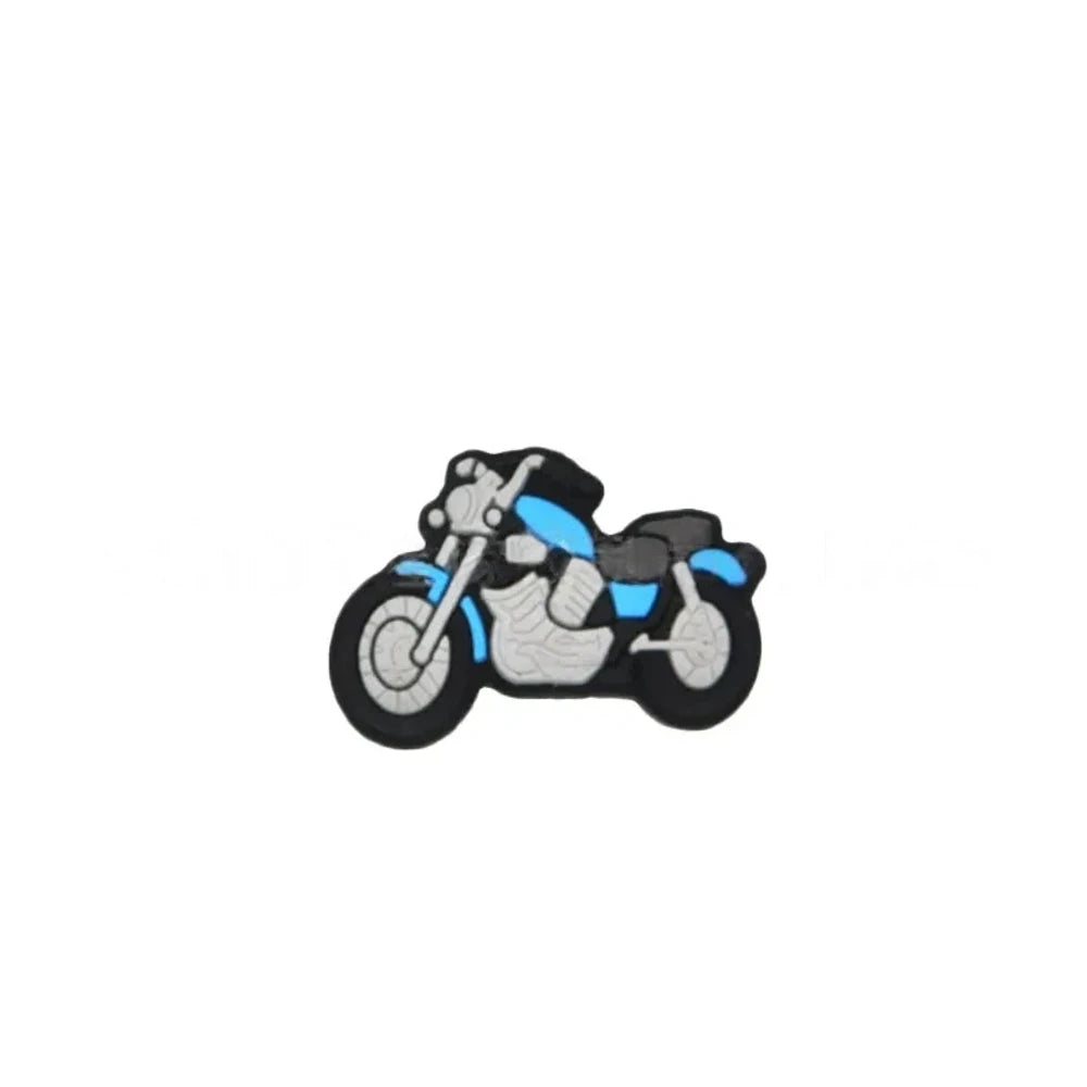Assorted color motorcycle silicone focal beads in red, blue, yellow, green, and white displayed in a white dish on a blue background, for DIY beadable pens and keychains. - Sky Blue