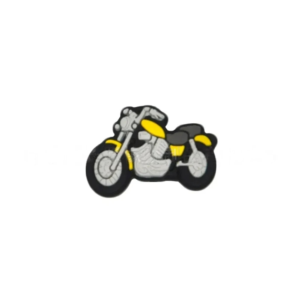 Assorted color motorcycle silicone focal beads in red, blue, yellow, green, and white displayed in a white dish on a blue background, for DIY beadable pens and keychains. - Yellow