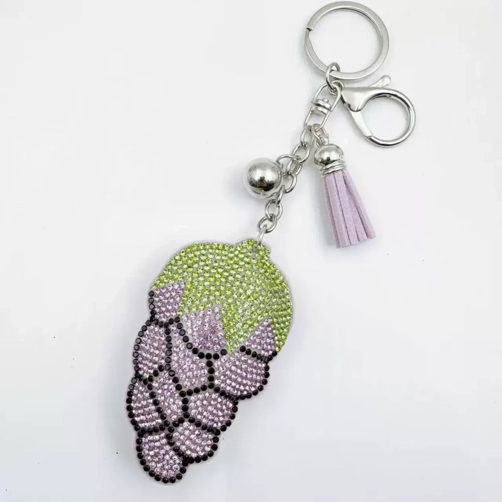 Four multicolor grape cluster rhinestone fancy beads shown as keychain charms with tassels and silver hardware. - Light Purple