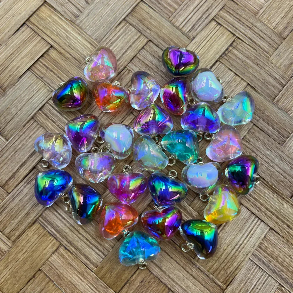 Assorted translucent aurora heart acrylic bail beads with iridescent rainbow finish and metal loops