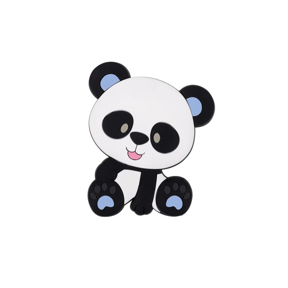 Cute cartoon panda silicone focal bead in black and white with blue ear and paw accents, sitting pose, for beadable pens and DIY crafts - Blue