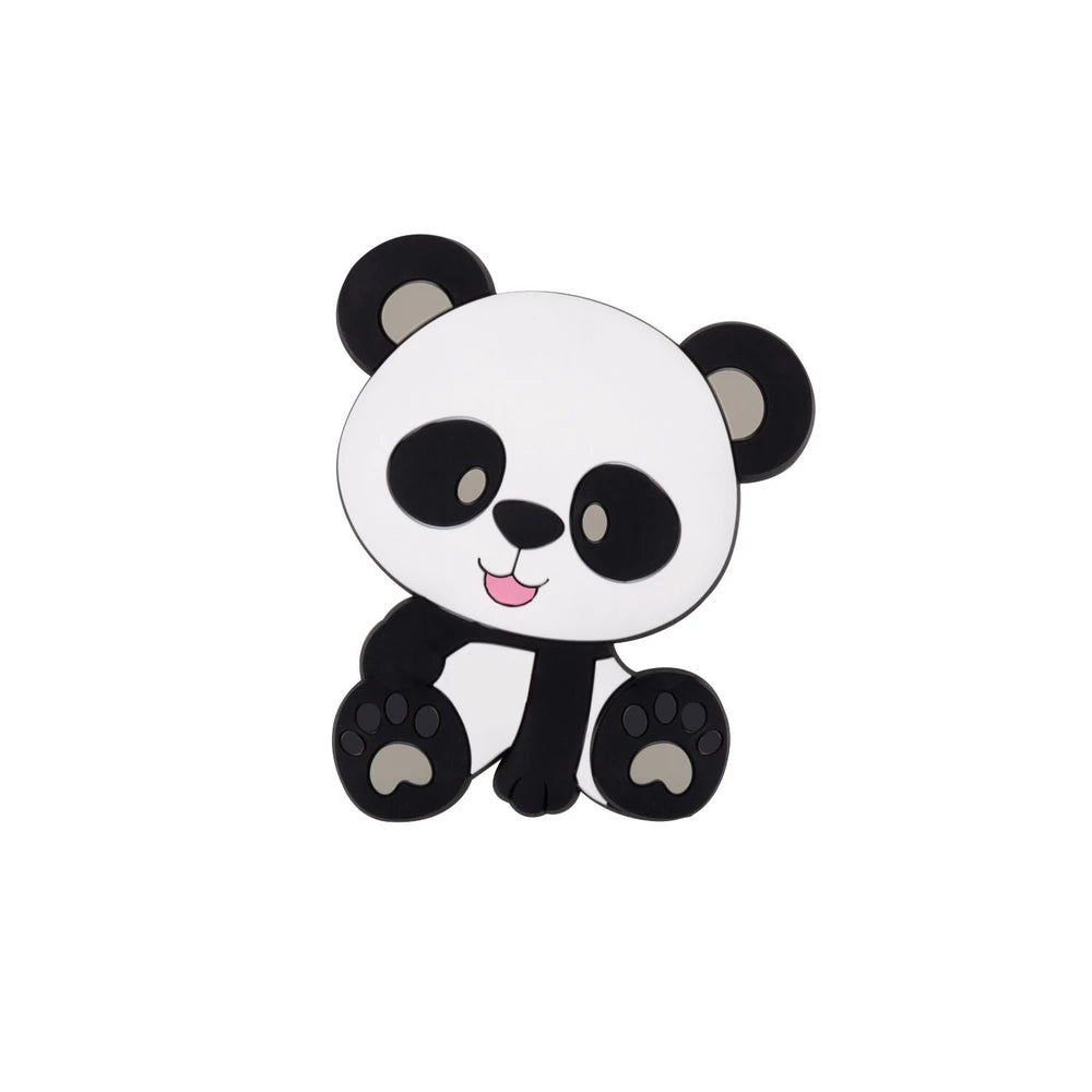 Cute cartoon panda silicone focal bead in black and white with blue ear and paw accents, sitting pose, for beadable pens and DIY crafts - Gray