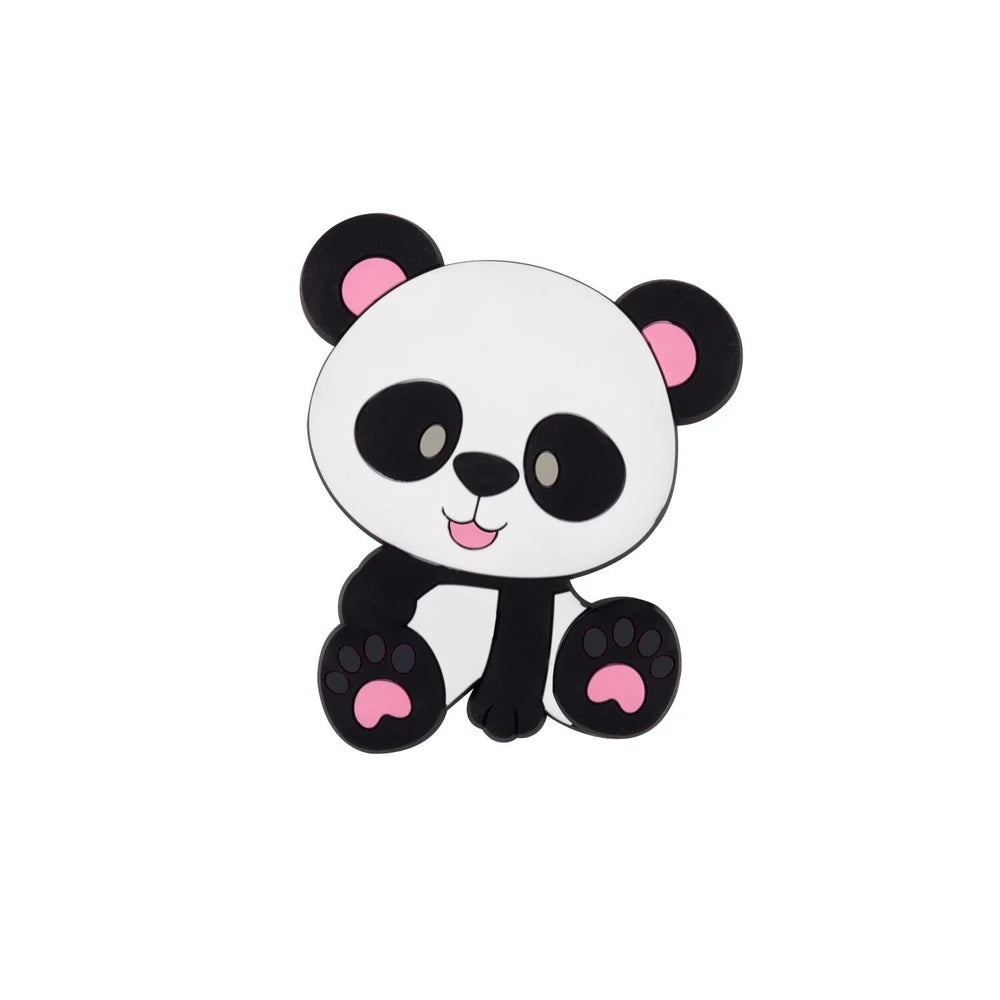 Cute cartoon panda silicone focal bead in black and white with blue ear and paw accents, sitting pose, for beadable pens and DIY crafts - Pink